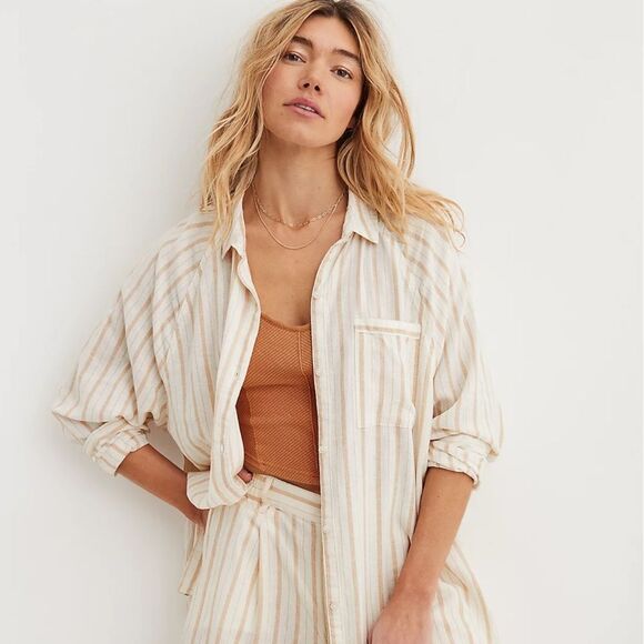 aerie XS Ivory Tan Vertical Stripe Pool-to-Party Linen Blend Cover up Shirt - Picture 8 of 17